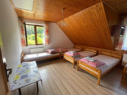 a room with two beds and a window at Bieszczadzki Brzeg in Wołkowyja