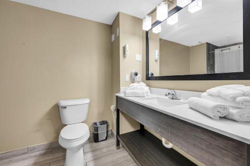 a bathroom with a toilet and a sink with a mirror at Quality Inn Roseville-Detroit North in Roseville