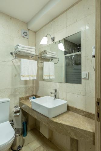 a bathroom with a sink and a toilet and a mirror at Bursa Grand Family HOTEL in Bursa