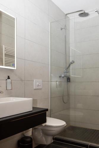 a bathroom with a shower and a toilet and a sink at Hotel Muli in Reykjavík