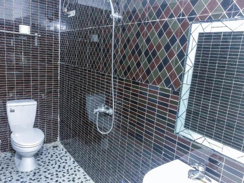 La salle de bains est pourvue de toilettes et d'une douche en verre. dans l'établissement Tam Điệp Lake View, à Quảng Nap