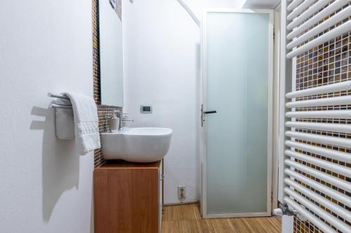 y baño con lavabo blanco y ducha. en Pisa Central Lovely Studio near Palazzo Blu, en Pisa