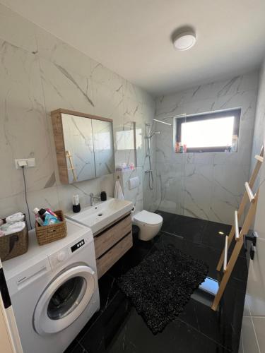 a bathroom with a washing machine and a sink at Apartman Sandra in Nova Gradiška