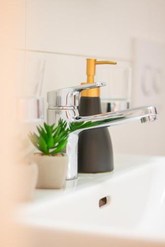 a bathroom sink with a faucet and a plant at Special EiNSTEiN I Apartment Basel, Messe Kleinbasel 10-STAR in Basel