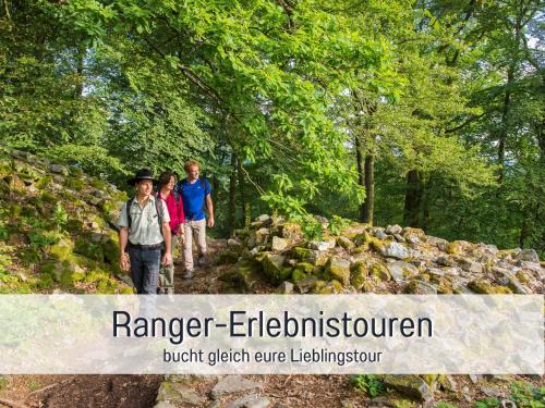 a group of people walking on a trail in the woods at Villa Heimat am Nationalpark in Allenbach