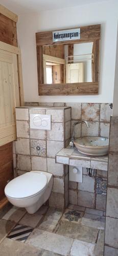 La salle de bains est pourvue de toilettes, d'un lavabo et d'un miroir. dans l'établissement Waltersdorfer Häusl, à Waltersdorf