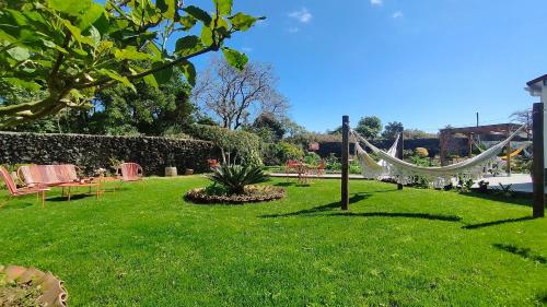 un jardín con una hamaca en el césped en Quinta dos Sentidos Eco Nature Retreat in Azores, en São Vicente Ferreira