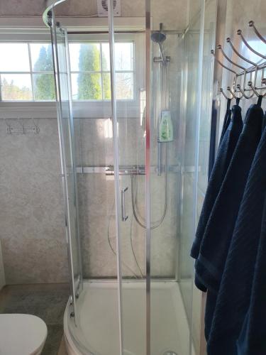 a shower with a glass door in a bathroom at Hill 