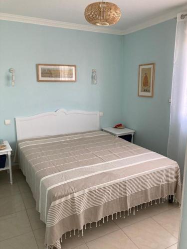 une chambre avec un grand lit aux murs bleus dans l'établissement Villa FALLA Spacieuse villa familiale avec piscine proche plage, à Saint-Cyprien