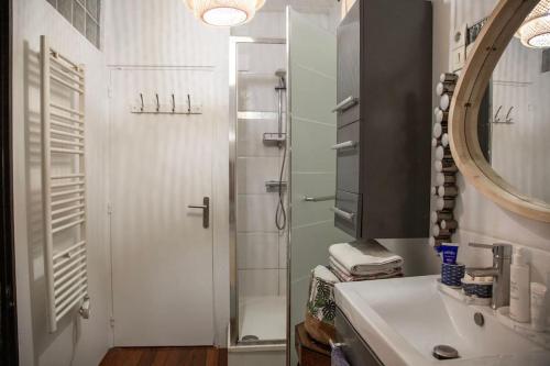 ein Bad mit einer Dusche, einem Waschbecken und einem Spiegel in der Unterkunft Appartment loft style - Stade de France in Saint-Denis