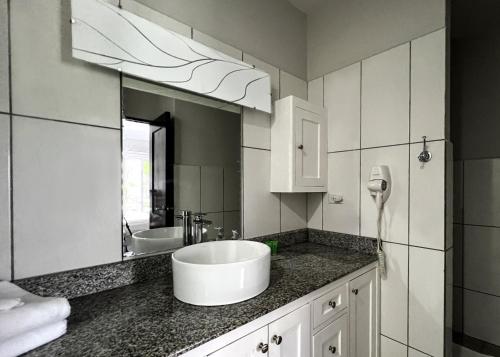 een badkamer met een wastafel en een grote spiegel bij Coffee Estate Inn in Boquete