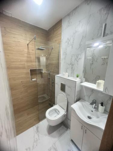 W łazience znajduje się toaleta, prysznic i umywalka. w obiekcie Herceg Novi w mieście Herceg Novi