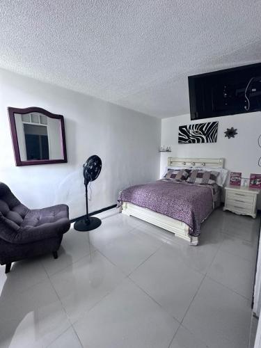 a bedroom with a bed and a chair and a mirror at Apto en Palmira valle in Palmira