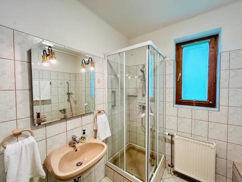 uma casa de banho com uma cabina de duche em vidro e um lavatório. em Nefelejts Deluxe Home em Zamárdi
