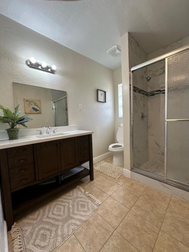 La salle de bains est pourvue d'un lavabo et d'une douche en verre. dans l'établissement Private rooms near Siesta Key - Cozy Home, à Sarasota