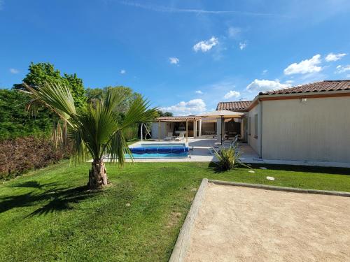 un palmier dans la cour d'une maison dans l'établissement Villa piscine chauffée babyfoot pétanque ping-pong, à Bon-Encontre