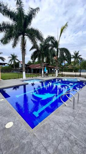 een groot blauw zwembad met een palmboom bij Casa Quinta Villa Cristal in Acacías