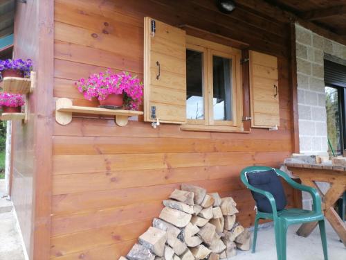 a wooden house with a green chair and a window at Apartment Dulovine in Kola&scaron;in
