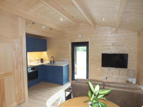 eine Küche und ein Wohnzimmer mit einem Sofa und einem Tisch in der Unterkunft KillarneyCabins ie, Stunning Timber Lodges in Killarney