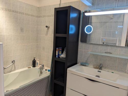 La salle de bains est pourvue d'un lavabo et d'une étagère à côté d'une baignoire. dans l'établissement Vacances à Sète, à Sète