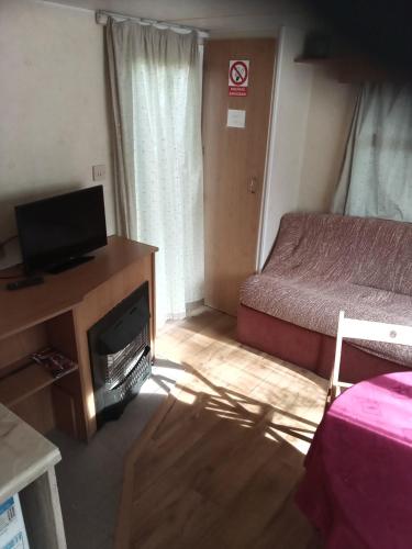 a small room with a bed and a television at Mobilní dům Venda in Hradištko