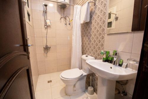 a small bathroom with a toilet and a sink at Layali Al Tamayoz 2 in Jeddah