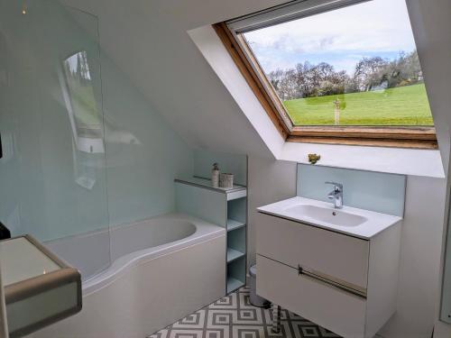 uma casa de banho com um lavatório, uma banheira e uma janela. em Ty Madog em Cwm-y-glo