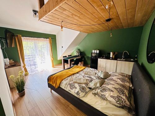 um quarto com uma cama num quarto com paredes verdes em U Babci na strychu em Zakopane