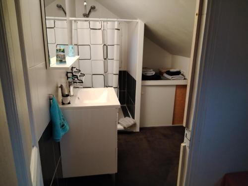 La petite salle de bains est pourvue d'un lavabo et d'un miroir. dans l'établissement " LA DORDOGNE" appartement en duplex dans maison individuelle, à Le Mont-Dore