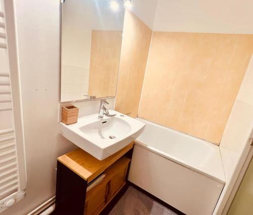 une salle de bain avec un lavabo et un miroir dans l'établissement Charmant T2 à 200m de la plage, location du samedi au samedi !, à Seignosse