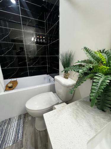a bathroom with a toilet and a bath tub with a plant at Cozy Haven! in Edmonton