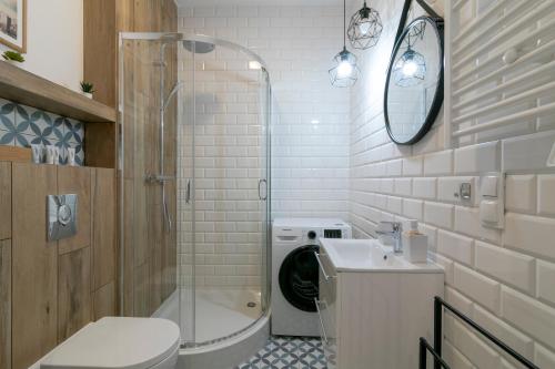 a bathroom with a toilet a sink and a shower at Na Skraju Lasu e-apart in Jastrzębia Góra