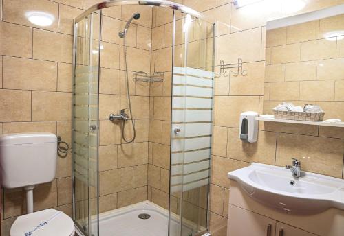 La salle de bains est pourvue d'une douche, de toilettes et d'un lavabo. dans l'établissement Casa Verde Poiana Brasov, à Poiana Brasov