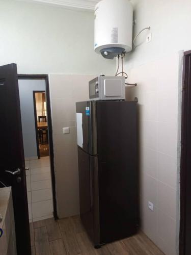 eine Mikrowelle auf einem Kühlschrank in der Küche in der Unterkunft Appartement à Entrée Personnelle Abomey-Calavi ZOPAH in Abomey-Calavi