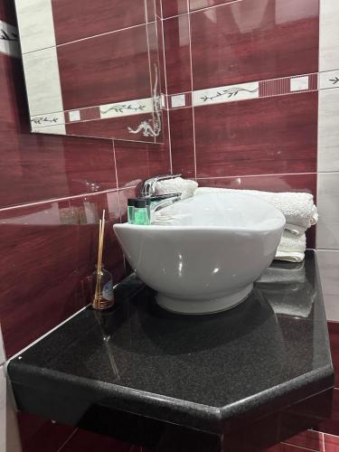 a white sink on a black counter in a bathroom at Hotel Selfo in Gjirokastër