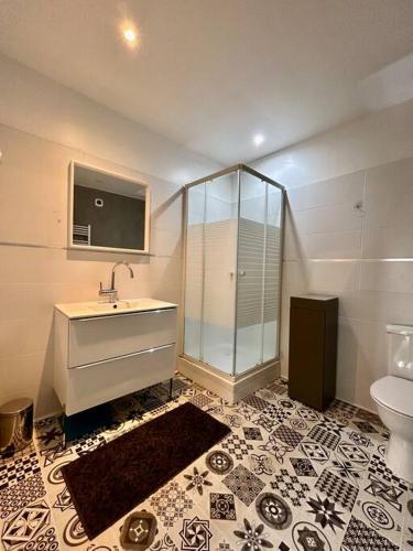 une salle de bain avec une douche, un lavabo et des toilettes dans l'établissement Villa moderne cosy, à Toulouse