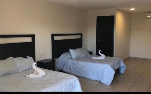 2 cygnes sur 2 lits dans une chambre d'hôtel dans l'établissement Atardecer, à Cabo San Lucas