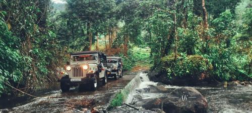 two trucks driving down a muddy road in the jungle at The Serene Cottage in Viripara