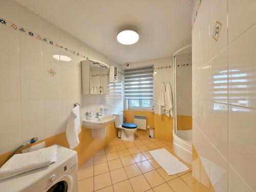 W łazience znajduje się umywalka, toaleta i prysznic. w obiekcie Sunflower Park Apartment w mieście Międzyzdroje