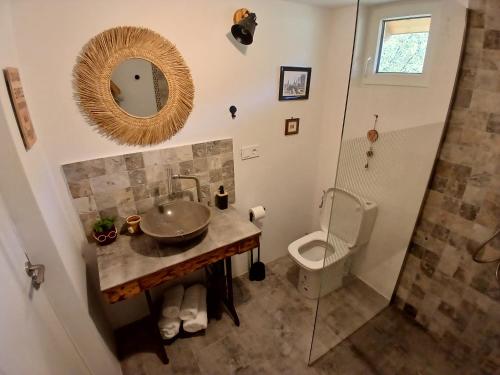 a bathroom with a sink and a toilet at Mica fermă veselă in Câmpulung Moldovenesc
