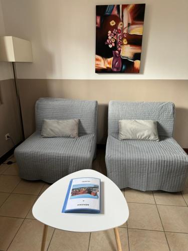 a living room with two chairs and a coffee table at 2 pièces, au pied des pistes ds Résidence Gd Hôtel in Valberg