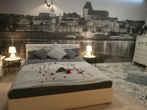 - une chambre avec un lit orné de roses dans l'établissement Apartament jacuzzi na toruńskiej starówce, à Toruń