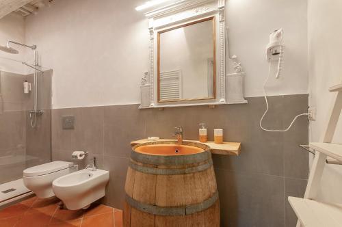 a bathroom with a sink and a toilet and a mirror at Borgo Casa al Vento in Gaiole in Chianti