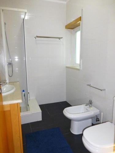 a bathroom with a toilet and a sink and a shower at Casa do Bode in Levegada
