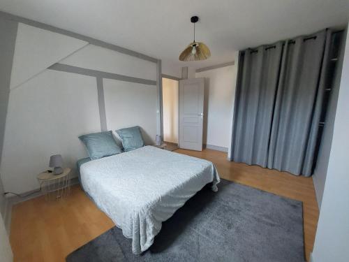 1 dormitorio con 1 cama con almohadas azules en Appart proche gare et centre ville, en Vierzon