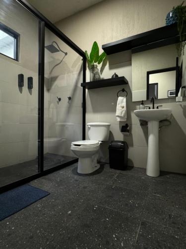 a bathroom with a toilet and a sink at Depa de diseño Zamora, Mich. in Zamora de Hidalgo