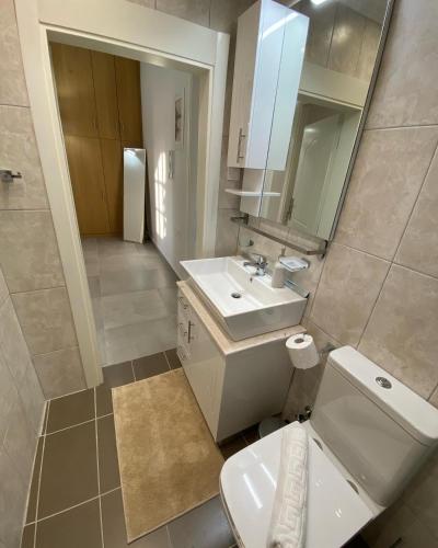 a bathroom with a sink and a toilet and a mirror at Diamond Suite in Diakopto