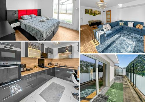 un collage de photos d'une chambre et d'un salon dans l'établissement Calme et Confort aux Portes de Paris, à Bezons