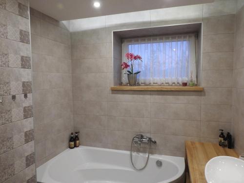 uma casa de banho com uma banheira, um lavatório e uma janela em Mieszkanie na Flo em Florynka