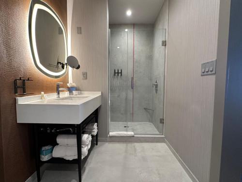 a bathroom with a sink and a shower at Hotel Indigo Baton Rouge Downtown, an IHG Hotel in Baton Rouge